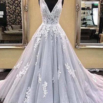 Charming Light Gray Lace Prom Dresses, Silver Grey..