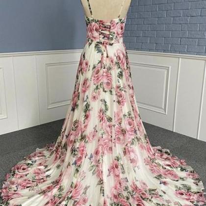 Beautiful V Neck Low Back Floral Pattern Long Prom..