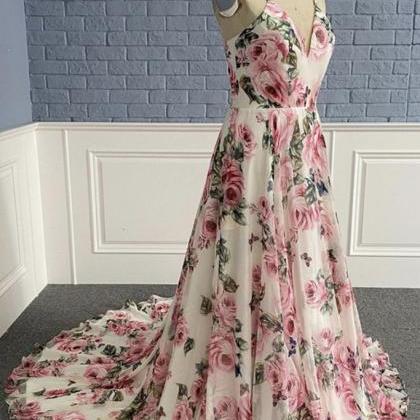 Beautiful V Neck Low Back Floral Pattern Long Prom..
