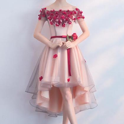 Pink Flowers High Low Off Shoulder Prom Dress,..