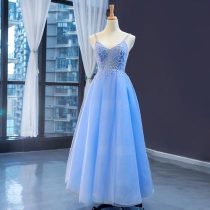 Blue Tulle Beaded Long V-neckline Party Dress,..