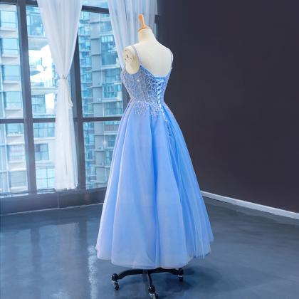 Blue Tulle Beaded Long V-neckline Party Dress,..