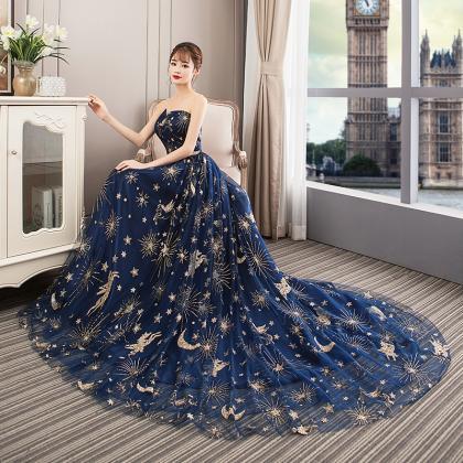 Navy Blue Tulle Beautiful Long Off Shoulder..