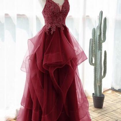 Wine Red Style Straps Lace And Tulle Layers Prom..