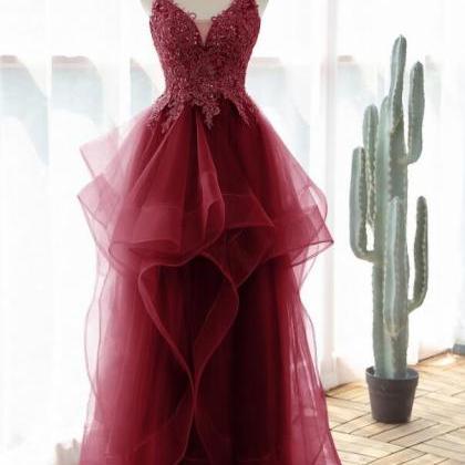 Wine Red Style Straps Lace And Tulle Layers Prom..