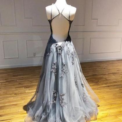 Charming Backless Lace Appliques Gray Long Prom..