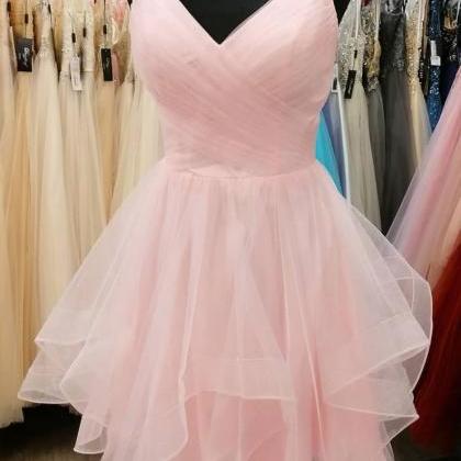 Pink Tulle V-neckline Short Layers Prom Dress,..