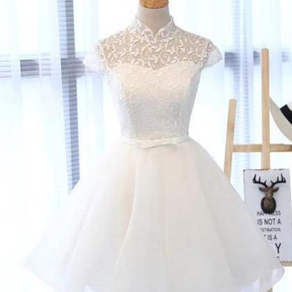 White Lace Short Cap Sleeves Prom Dress, Cute..