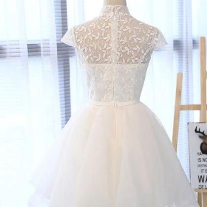 White Lace Short Cap Sleeves Prom Dress, Cute..