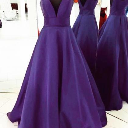Purple Satin Open Back V-neckline Prom Dress,..