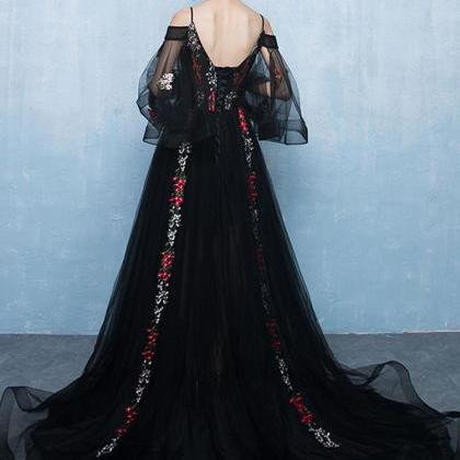 Elegant Black Lace Floral Tulle Off Shoulder Long..
