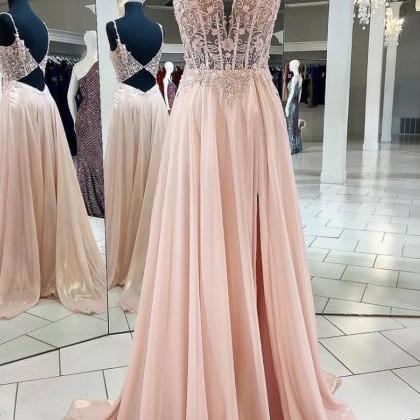 Pink Chiffon V-neckline Lace Long Party Dress,..
