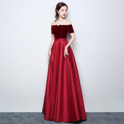 Dark Red A-line Short Sleeves Satin Long Party..