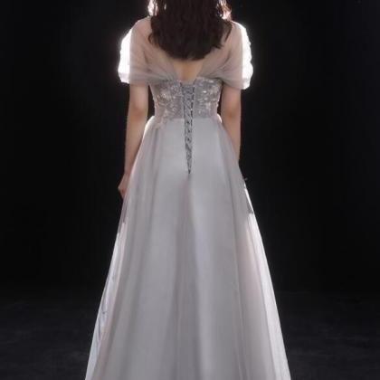 Beautiful Grey Beaded Off Shoulder Tulle A-line..