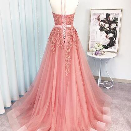 Pink Halter Tulle With Lace Applique Long Junior..