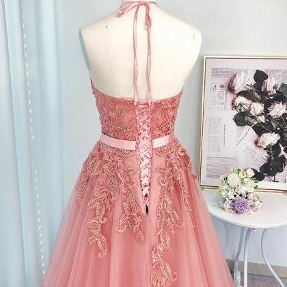 Pink Halter Tulle With Lace Applique Long Junior..