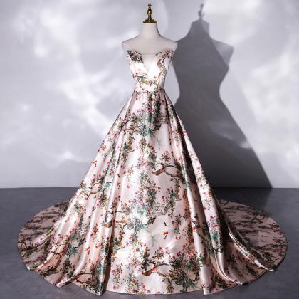 Beautiful Floral Satin Ball Gown V-neckline Long..