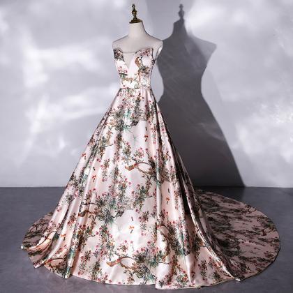 Beautiful Floral Satin Ball Gown V-neckline Long..