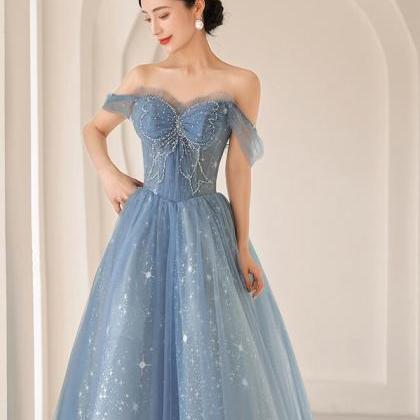 Blue Tulle Off Shoulder Beaded Long Party Dress,..