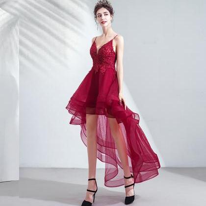 Wine Red Straps High Low Tulle With Lace Short..