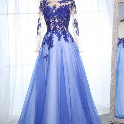 Royal Blue Tulle Scoop Neck Long Sleeves Appliques..