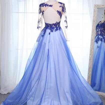 Royal Blue Tulle Scoop Neck Long Sleeves Appliques..
