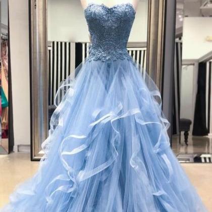 Sweetheart Blue Tulle Layered Long Prom Dress,..