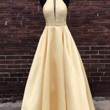 Simple Halter Yellow Satin Long Prom Dresses 2019,..