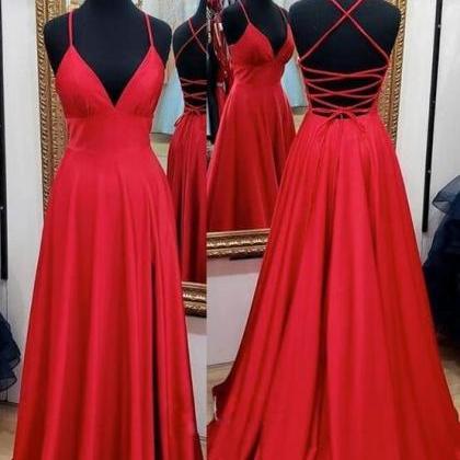 Red V-neckline Straps Backless Prom Dress With Leg..