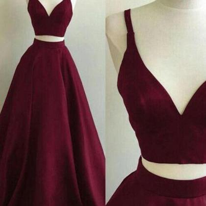 Two Piece Wine Red Satin V-neckline Long Party..
