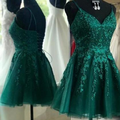 Green Lace Tulle V-neckline Short Prom Dress,..