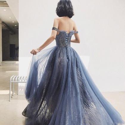 Blue And Grey Off Shoudler Shiny Tulle Long Party..