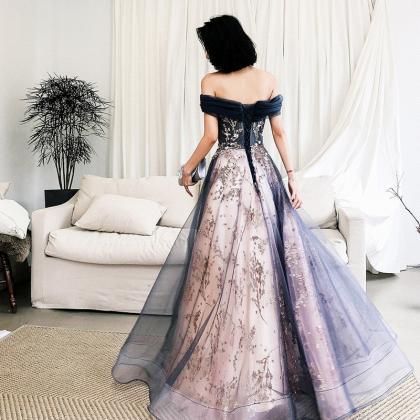 Blue And Pink Off Shoulder Floor Length Party Dress, A-line Long Party ...