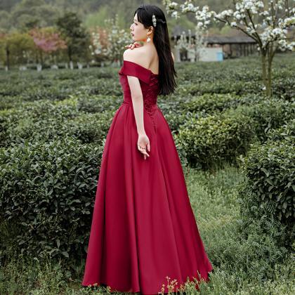 Wine Red Sweetheart Off Shoulder Long Party Dress,..