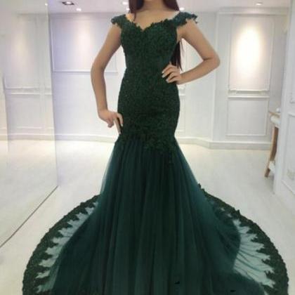 Sexy Hunter Green Tulle Mermaid Lace Applique..