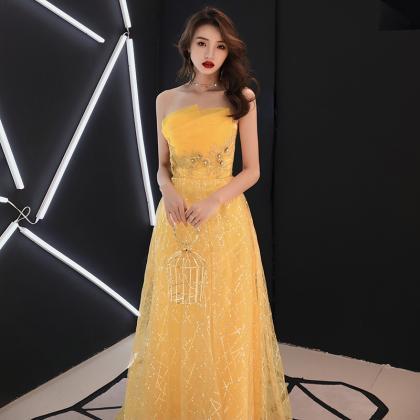 Charming Yellow Tulle Flowers Beaded Floor Length..