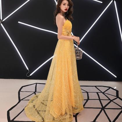 Charming Yellow Tulle Flowers Beaded Floor Length..
