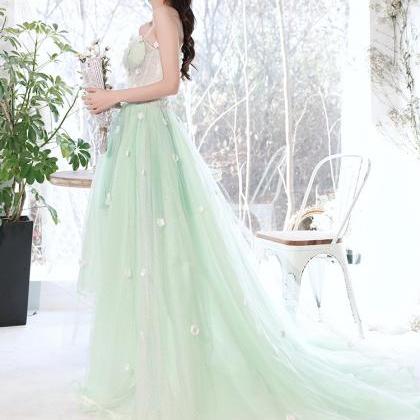 Mint Green Flowers Tulle Princess Long Formal..