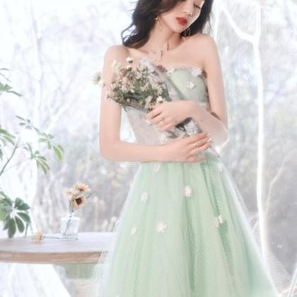 Mint Green Flowers Tulle Princess Long Formal..