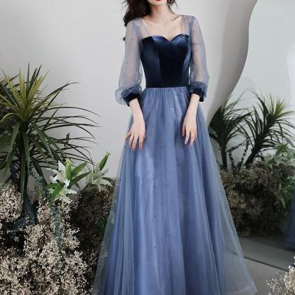 Blue Puffy Sleeves Velvet And Tulle Long Party..