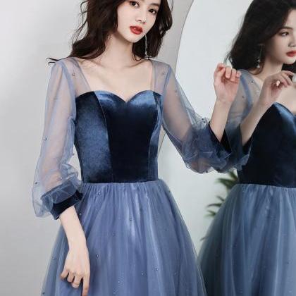 Blue Puffy Sleeves Velvet And Tulle Long Party..