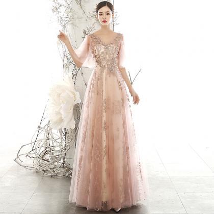 Pink Sleeves Tulle With Lace Applique Bridesmaid..