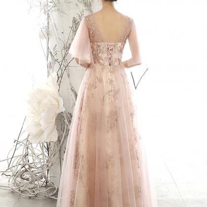 Pink Sleeves Tulle With Lace Applique Bridesmaid..