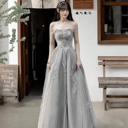 Light Grey Tulle Beaded And Sequins Scoop Long..