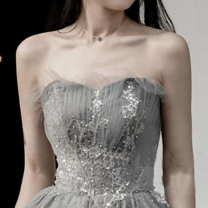 Light Grey Tulle Beaded And Sequins Scoop Long..