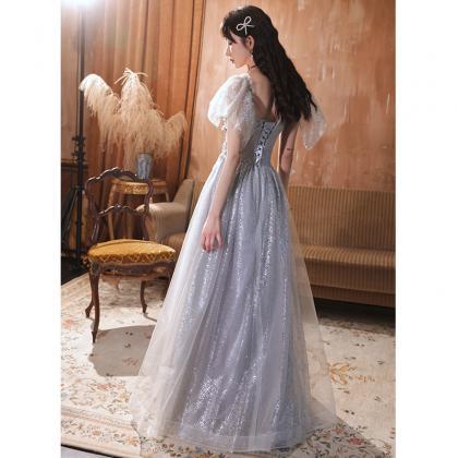 Light Grey Shiny Tulle With Flowers Long Party..