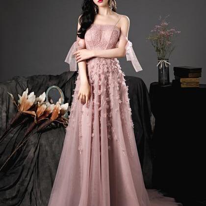 Pink Flowers Beaded Tulle Style Prom Dress, Pink..