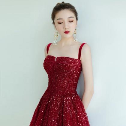 Wine Red Sequins Straps Long Tulle Formal Dress,..