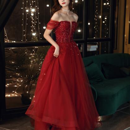 Beautiful Wine Red Sequins Off Shoulder Long Prom..