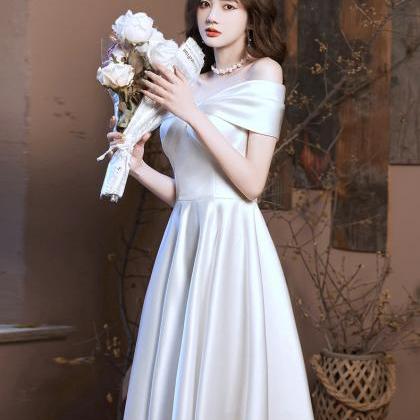 White Simple Satin Off Shoulde Sweetheart Wedding..
